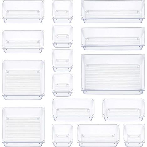 – Organisateur tiroir 16 pièces – Boîtes de rangement antidérapantes – 5 tailles pour papeterie, maquillage, salle de bain, cuisine – Plastique transparent (1/5)
