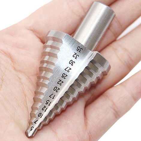 Foret étagé HSS  [Ø 5-35mm] - Tige triangulaire de 12mm - Idéal pour les métaux tendres, le bois, les plastiques (pas pour l'inox) - 13 étapes foret metal - foret et fraise conique