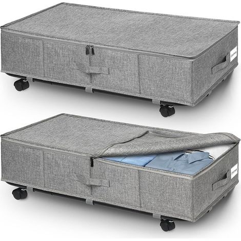 Lot de 2 boîtes de rangement sous lit, 60 L, grises, pliables, avec roulettes, pour couettes, couvertures et vêtements (78 x 42 x 16 cm). (1/4)