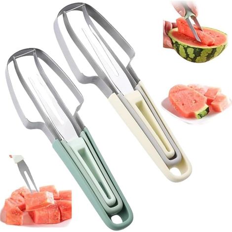 Trancheuse à pastèque 3 en 1 en acier inoxydable, coupe-pastèque, trancheuse à fruits (vert et beige)