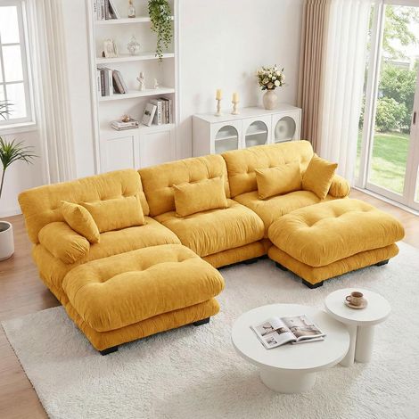 Canapé d'angle modulaire luxueux - Canapé nuage surdimensionné en forme de U pour salon, canapé-lit convertible à assise profonde avec pouf, chenille jaune (1/5)