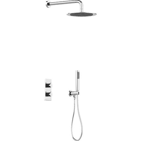 Vente-Unique – Colonne de douche encastrée avec mitigeur thermostatique – Finition nickel brossé – Pommeau rond 25cm – Acier – Douchette et flexible inclus (1/4)