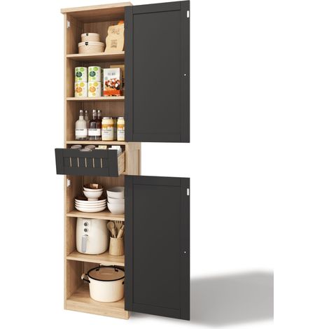 Armoire cuisine 170x40x30 cm, 2 portes, 1 tiroir, étagères réglables, rangement modulable pour cuisine, salle à manger ou salon,Naturel+Noir (1/5)