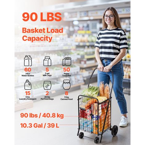 Chariot de courses pliable avec roulettes pivotantes, chariot de supermarché robuste, charge 40,8 kg, capacité 39 L, panier à linge… (1/5)