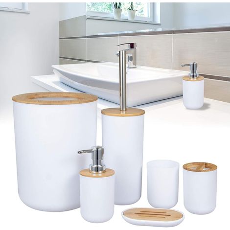 Ensemble d'accessoires de salle de bain en bois de bambou de salle de bain, brosse de toilette, distributeur de savon, porte-brosse à dents, gobelet à savon, poubelle 6pcs (1/5)