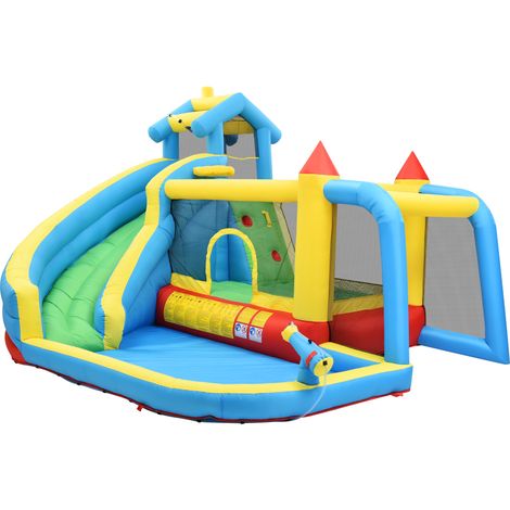 Château gonflable 5 en 1, parc aquatique pour enfants avec toboggan, zone de saut, piscine, filet de football, pour enfants de 3 à 10 ans - Bleu (1/5)
