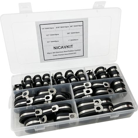 66 pcs serre-câbles en caoutchouc P clips colliers de serrage kit en acier inoxydable 7 tailles 6/8/10/13/16/19/25mm (1/5)