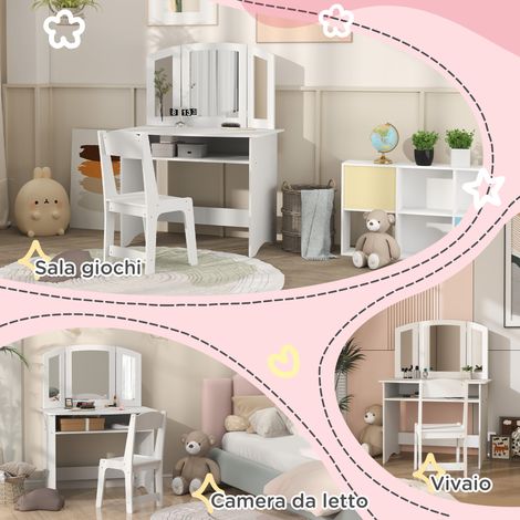 Set de Maquillage Enfant avec Table de Coiffure Blanche, Miroir Triplé Détachable, Tabouret en Bois Correspondant (1/5)