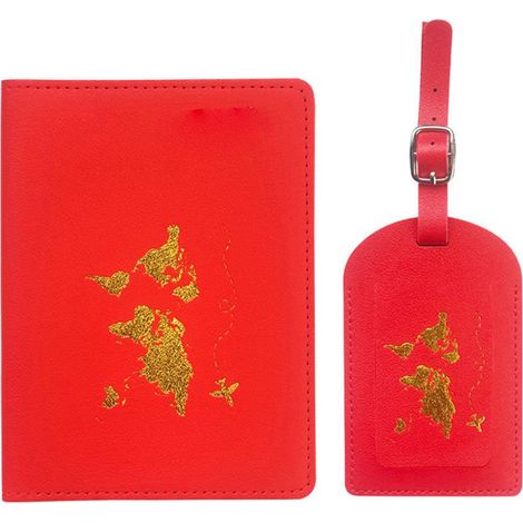 Lot étiquettes bagages et housse passeport en cuir PU carte, étiquettes valise, porte-passeport, cadeau voyage (1/5)