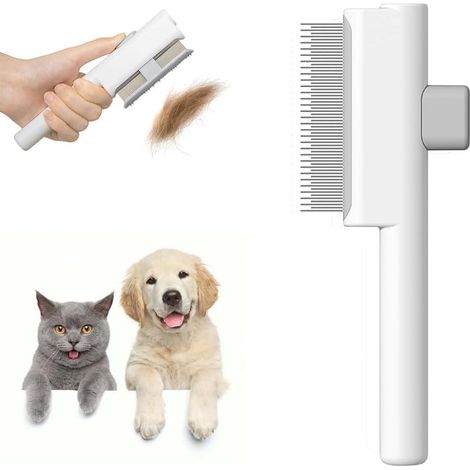 Selbstreinigender Entwirrungskamm für Katzen und Hunde, geeignet für lang- und kurzhaarige Haustiere, Katzenbürste mit Auslöseknopf und runden Metallzinken (1/5)