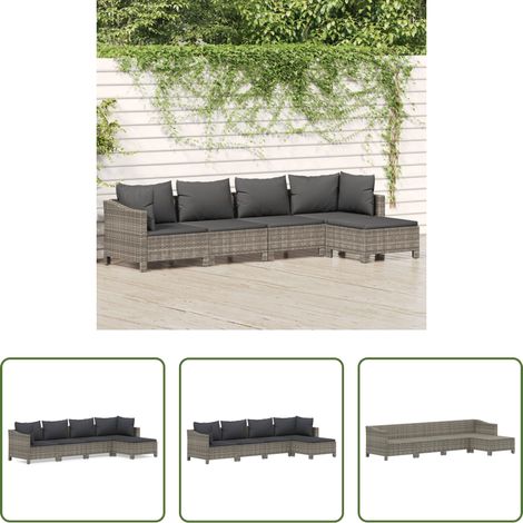 Rattan - 5-tlg. Garten-Lounge-Set mit Kissen Grau Poly Rattan (1/5)
