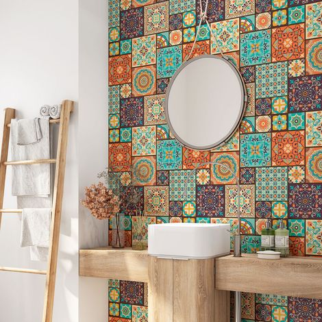 Crédence adhésive salle de bain - Motif carreaux de ciment - 60x60 cm - Adhésif + Protection BRILLANTE (1/4)