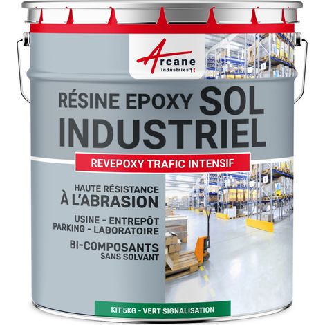Peinture sol, résine epoxy, revêtement sol industriel et sol béton, usine, parking : Revepoxy trafic intensif - 5 Kg (jusqu'à 10 m² en 2 couches) Vert signalisation - RAL 6024 - ARCANE INDUSTRIES