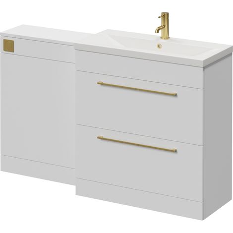 Napoli 390 Cento Gloss White 1400mm 2 Drawer Vanity Unit Toilet Suite with Glide Basin - 1400mm - Brushed Brass 480mm HandleWithout Kingston Toilet Pan