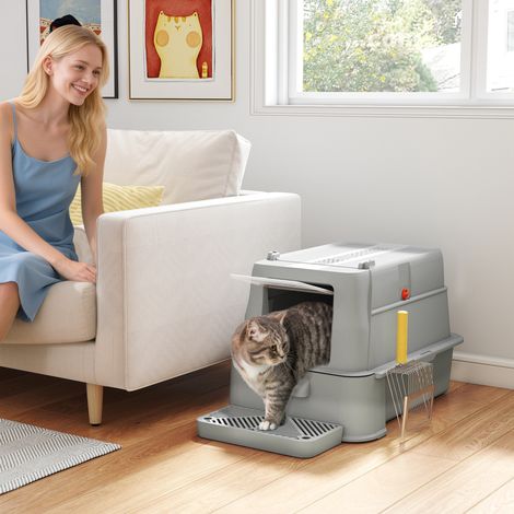 XL-Katzentoilette aus Edelstahl mit 180°-Klappdeckel, hohen Seitenwänden, Fußpedal, Schaufel, Hellgrau