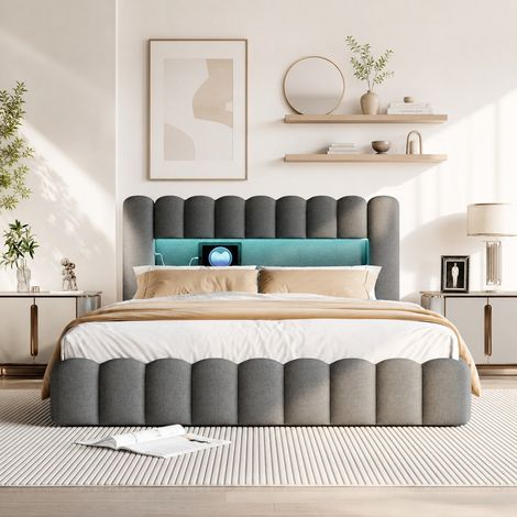 Lit coffre 180x200 cm, lin gris foncé, tête de lit souche avec LED & USB-C, rangement hydraulique, sommier à lattes, design moderne pour chambre (1/5)