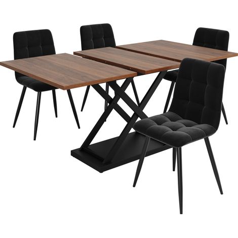 Juego de comedor 5 piezas extensible 120-160x80x75 cm MDF metal y terciopelo negro nogal (1/5)