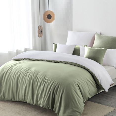Parure de lit 3 pièces en microfibre 200 x 200 cm - Vert sauge/Blanc - Ensemble de literie avec housse de couette réversible douce et infroissable - 1 housse de couette + 2 taies d'oreiller 80 (1/5)