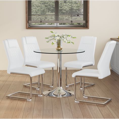 Ensemble table à manger ronde en verre trempé 85 cm avec 4 chaises blanches et métal argenté (1/5)