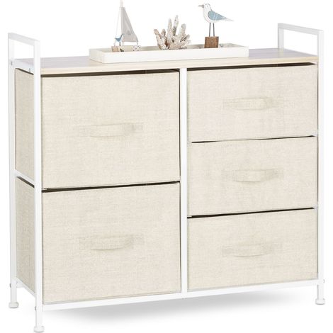 Relaxdays Regalsystem, 5 Stoff-Schubladen, universale Schubladenbox, Metall und Holz, HxBxT: 77,5 x 83 x 29 cm, beige