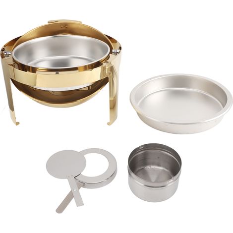 Chauffe-plat de buffet 6L en acier inoxydable, chauffe-aliment rond à alcool avec couvercle transparent, plat de service pour réception fête vacances, or, 1 compartiment (1/5)