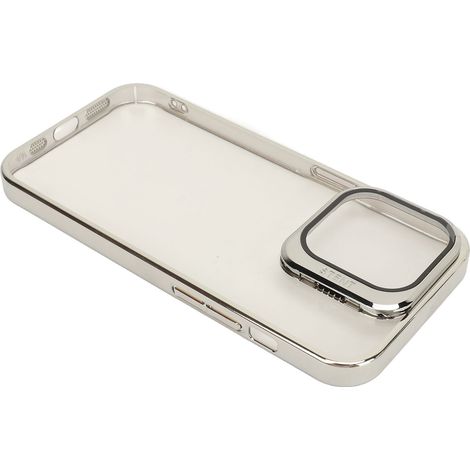 Coque magnétique fine et antichoc avec protection d'objectif et support intégré. Coque rigide en polycarbonate haute transparence argentée pour iPhone 14 Pro Max.