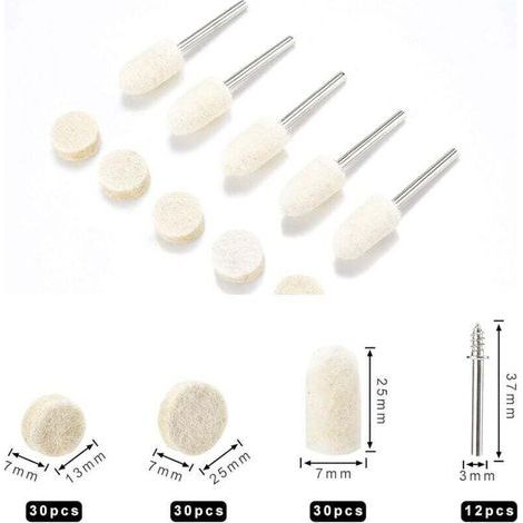 102 tampons de polissage en feutre de laine, Roue de polissage abrasif Pour accessoires - Outils rotatifs - Dimensions assorties 10/13/25 mm de diamètre.. (1/3)