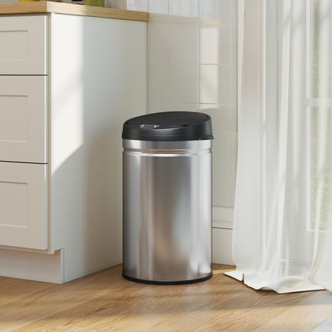 Cubo de basura de 30 litros con sensor de movimiento y cierre suave, de acero inoxidable, para una cocina higiénica.