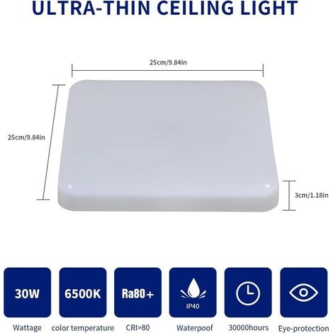 32-W-LED-Deckenleuchte, quadratisch, 2 Stück, IP54 wasserdicht, 3600 lm, 6500 K Kaltweiß, 25 cm Durchmesser, geeignet für Bad, Küche, Flur und Balkon (1/4)