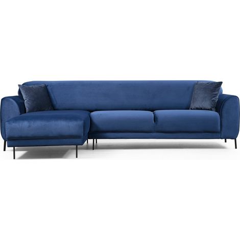 Canapé d'angle gauche design velours bleu marine et pieds acier noir Liza (1/5)