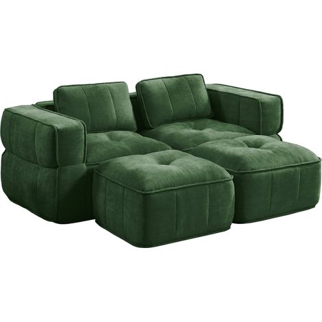 Modulares Sofa 2-Sitzer mit 2 Hockern, tiefer Sitzfläche, breiten Armlehnen, aus Polyester, Grün (1/5)