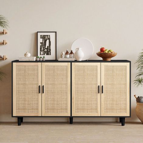 Armoire-buffet déco rotin noir 158x40x88 cm, 4 portes, rangement élégant et fonctionnel pour chambre, salon, bureau (1/5)