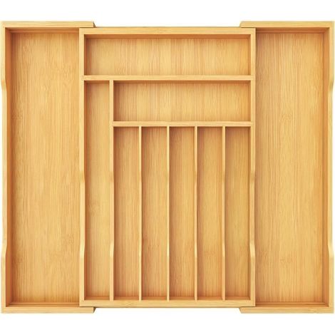 Grand range-couverts pour tiroirs, réglable jusqu'à 71 cm de large, organiseur, insert de tiroir de cuisine, profondeur 47 cm, porte-couverts en bambou pour cuillères, fourchettes, couteaux (1/5)
