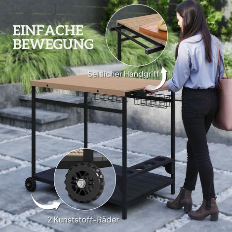 Chariot de service, table roulante de cuisine, 2 niveaux, 4 porte-bouteilles, intérieur/extérieur, naturel/noir (1/5)