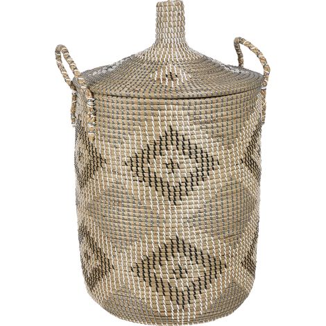 Cesta boho tejida a mano almacenaje con asas tapa hierba marina accesorio natural decoración patrón decorativo Camranh (1/5)