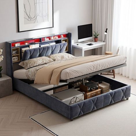 Bett Doppel 160x200 - Intelligenter Schrank - Industrielles Design - LED - Modulare Aufbewahrung