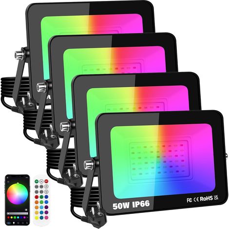 4Pcs 50W 5000LM Projecteur LED RGB extérieur avec prise réglable, 16 millions de couleurs, application et télécommande, étanchéité IP66, pour jardin, cour, aménagement (1/5)