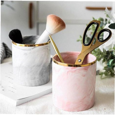 zhan-Pot à pinceaux de maquillage en céramique et marbre, seau de rangement pour crayons, cartes, boîte de rangement rose (1/5)