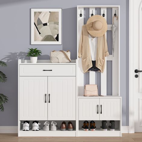 Ensemble Vestiaire d'Entrée avec Banc à Chaussures, Meuble de Couloir 4 Portes et Tiroir, Porte-Manteau Blanc Mat 140x180 cm