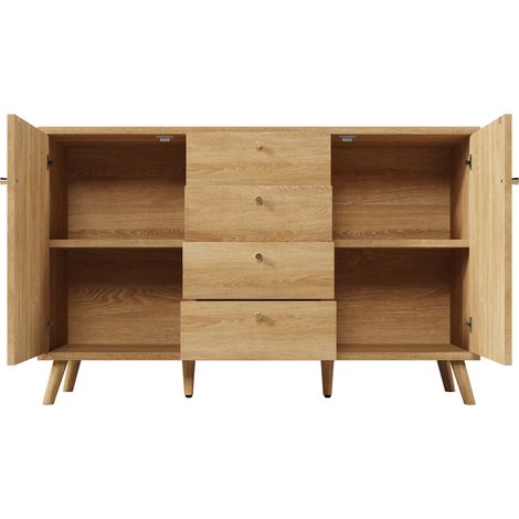 Credenza con 4 cassetti e 2 ante effetto rattan Rovere chiaro 140 x 40 x 86 cm (1/5)