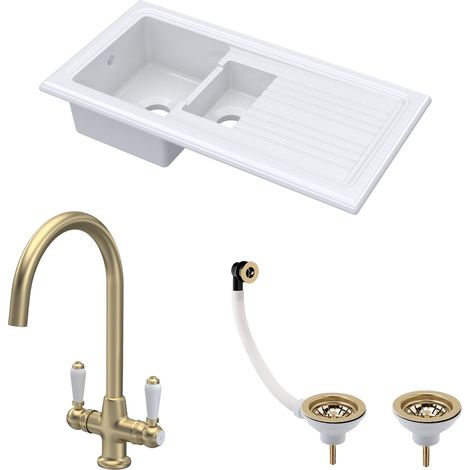Fireclay Kitchen Bundle 1.5 Bowl Sink with Drainer, Waste & Mono Lever Tap, 1010mm - Brushed Brass (1/4)