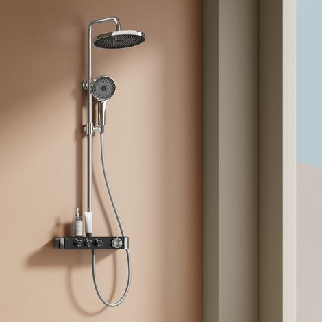 EMKE Colonne de douche thermostatique, 26cm Douche de tête, 3 Modes douchette à mains, Douche de tête, Débit réglable, 36cm étagère, Certification KTW, Chromé