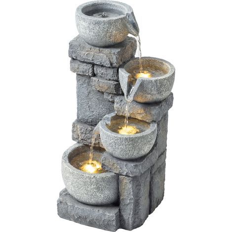 4-stufiger Gartenbrunnen mit LED-Kaskade, graue Steinoptik, 28 x 25 x 54,5 cm