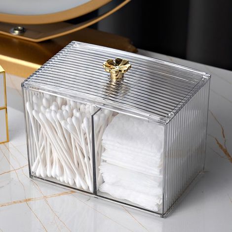 Boîte de rangement cosmétique Organiseur de salle de bain Pot à coton-tiges et disques démaquillants, distributeur de cotons, accessoire de toilette pratique, 1 pièce, blanc (1/5)
