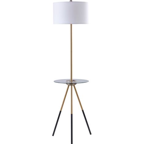 Teamson Home Myra Lampada da Terra Treppiede con Porta USB Integrata e Tavolo in Vetro, Lampada da Terra Alta con Paralume Bianco per Tamburo, Illuminazione Moderna per Soggiorno (1/5)