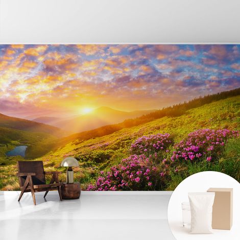 Papier peint avec colle pour décoration moderne de salon chambre à coucher cuisine et bureau Facile Coucher de soleil en montagne 416x254 cm (1/5)