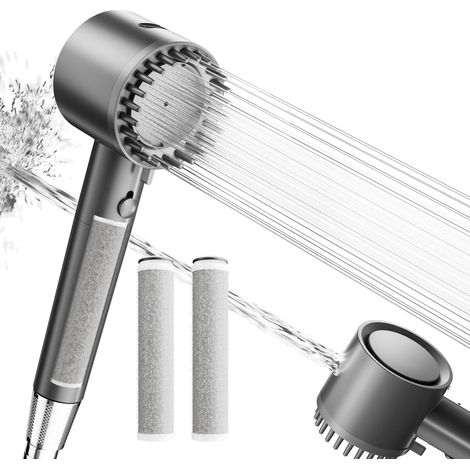 Pommeau de Douche Filtrant avec Tuyau, Haute Pression pour Eau Dure, 3 Filtres Charbon Actif 2.0, 5 Modes de Jet avec Power Wash Intégré pour Réduire le Chlore, Gris (1/5)