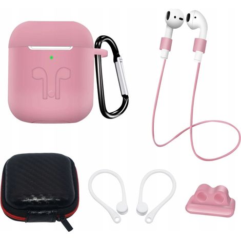 Juego de funda de silicona para AirPods 2 / AirPods 1 + estuche / gancho para la oreja / correa para el cuello / soporte para correa de reloj / mosquetón - Rosa