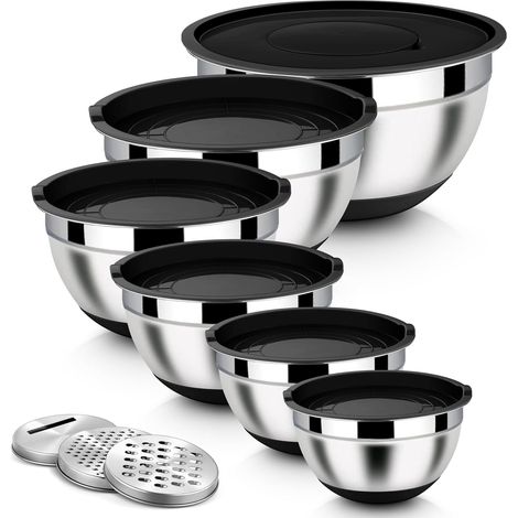Lot de 6 bols mélangeurs en acier inoxydable noir avec 3 râpes pour mélanger et mélanger, couvercle hermétique et fond en silicone, 4,6 L/2,8 L/2,5 L/1,6 L/1,2 L/0,7 l, empilable (1/5)