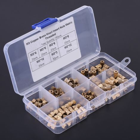 Kit de 150 écrous moletés en laiton M3, assortis et présentés dans une boîte en plastique. (1/5)